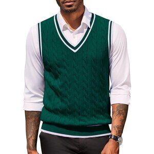 Coofandy Men Green Fitted V Neck Sleeveless Knitted Pullovers Sweater Vest